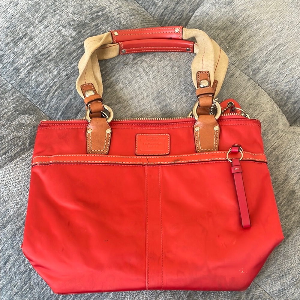 Coach Red and Tan Tote Bag with Structured Design